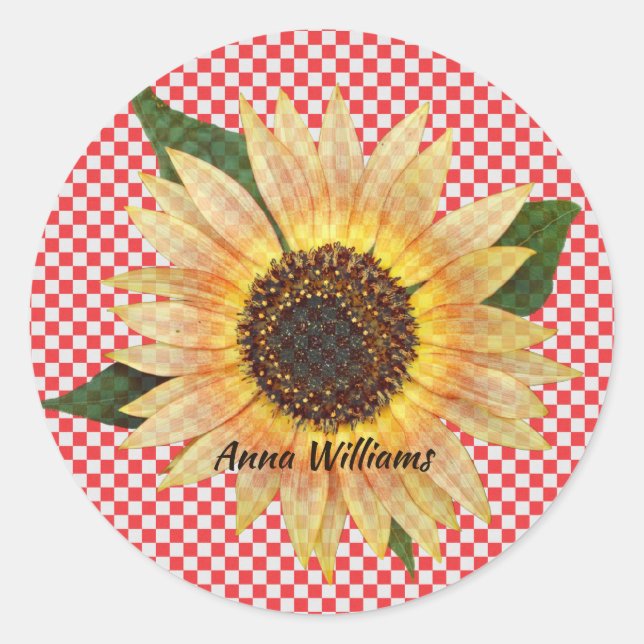 sunflower on red and white plaid classic round sticker (Front)