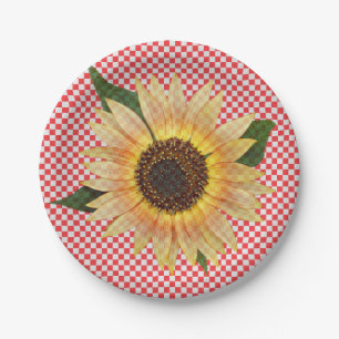 sunflower on red and white plaid paper plate