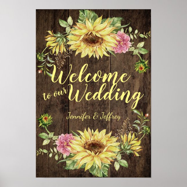 Sunflower on Rustic Wood Country Wedding Poster (Front)