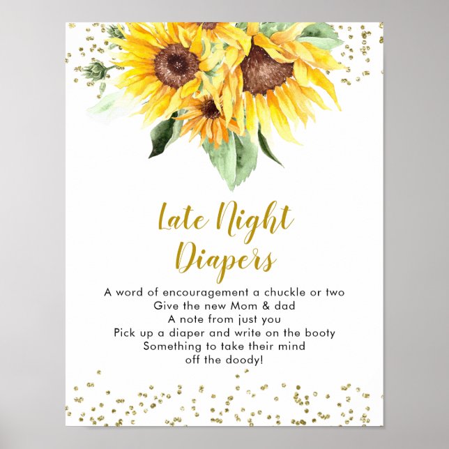 Sunflower on the way Baby Shower Late Night Diaper Poster (Front)