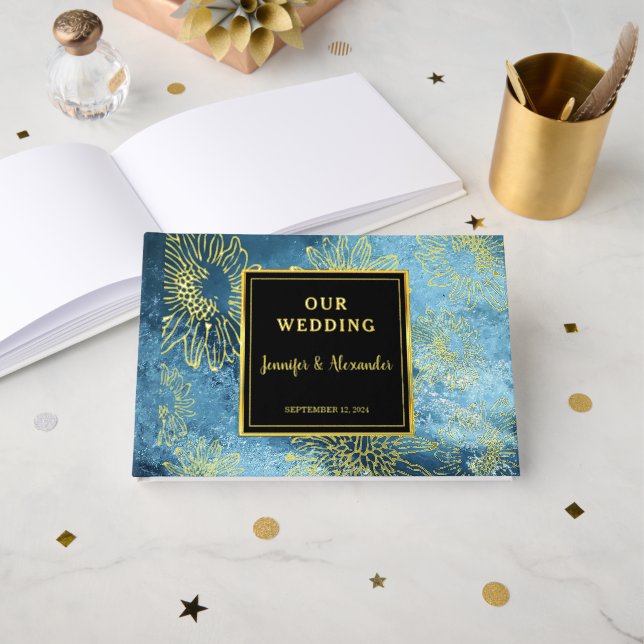 Sunflower on watercolor pattern gold Foil wedding Guest Book (Front Open)