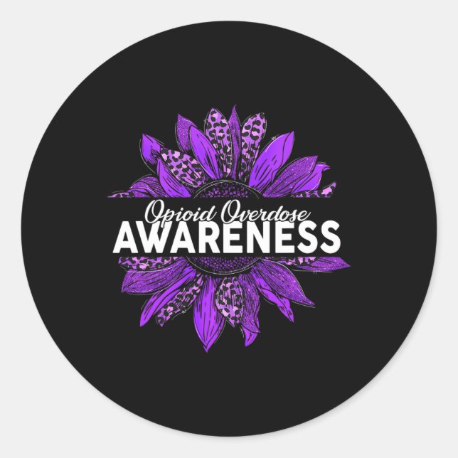 Sunflower Opioid Overdose Awareness Purple Ribbon  Classic Round Sticker (Front)
