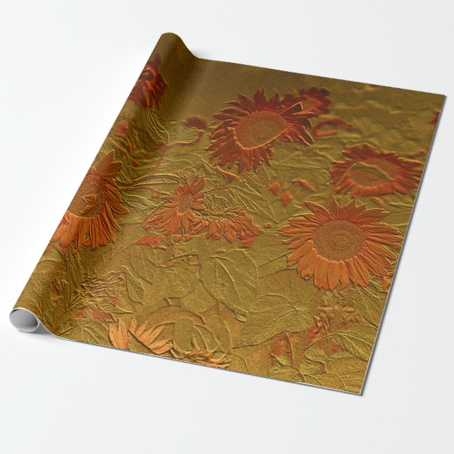 Sunflower Orange Gold Floral Art Design Decoupage Wrapping Paper (Unrolled)