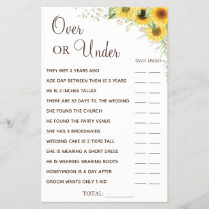 Sunflower Over or Under Bridal shower game card