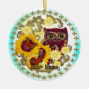 Sunflower Owl Ceramic Ornament