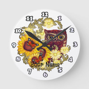 Sunflower Owl   Round Clock