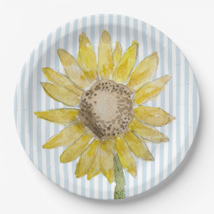 Sunflower Painting Blue Stripe Paper Plate