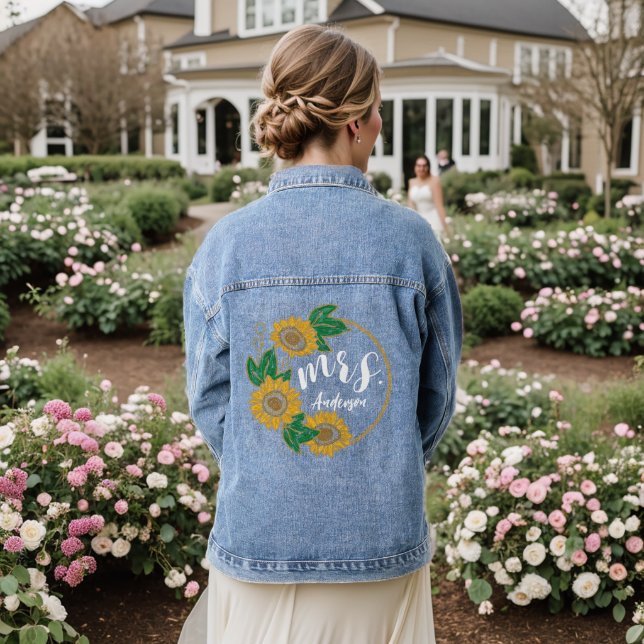 Sunflower Painting Mrs. Bridal Wedding Custom Denim Jacket (Wedding Back)
