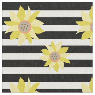 Sunflower Pattern Black & White Stripe Fabric
