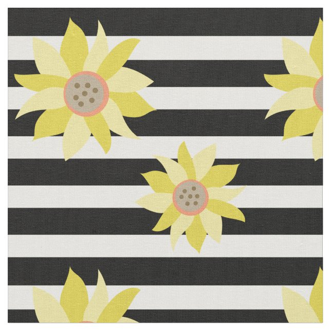 Sunflower Pattern Black & White Stripe Fabric (Close Up)