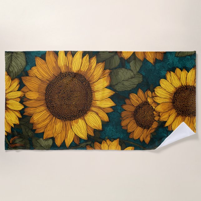 Sunflower Pattern - Cheerful Floral Style Beach Towel (Front)