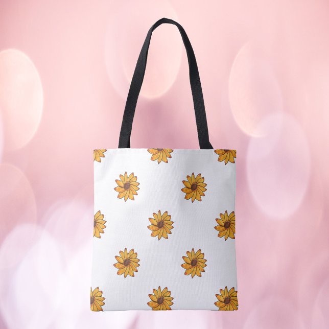 Sunflower Pattern Hand Drawn Yellow Tote Bag (A pretty tote bag with a hand drawn sunflower pattern.)