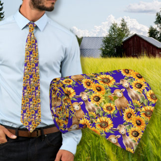 Sunflower Pattern Purple Tie With Farm Animals