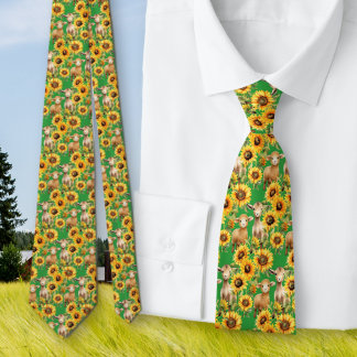 Sunflower Pattern Spring Green Farm Animals Tie