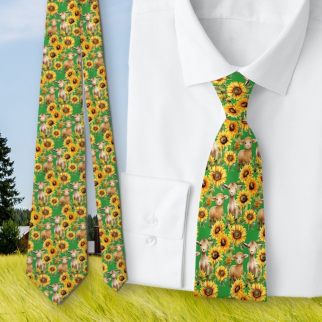 Sunflower Pattern Spring Green Farm Animals Tie (Creator Uploaded)