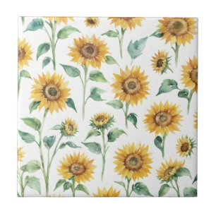 Sunflower Pattern Watercolor Botanical  Ceramic Tile