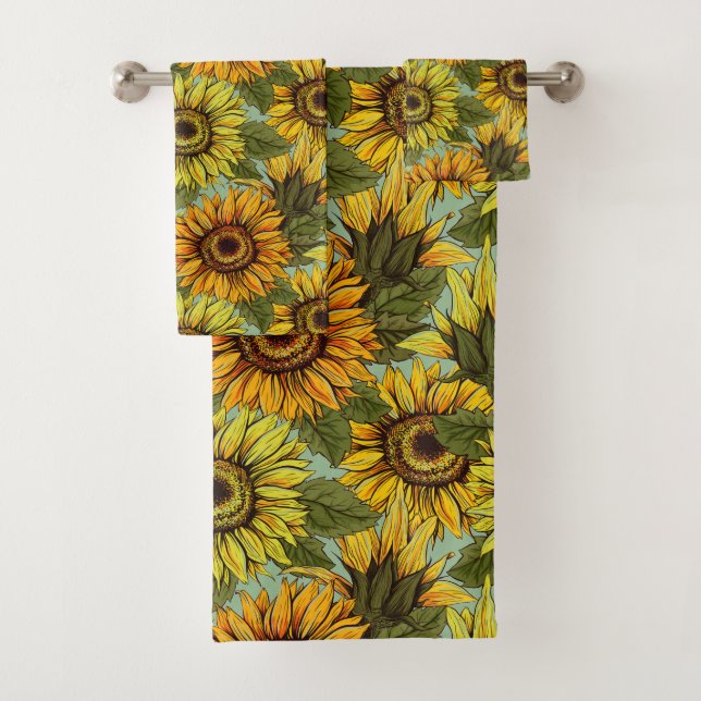  Sunflower Pattern with Foliage on Sage Background Bath Towel Set (Insitu)