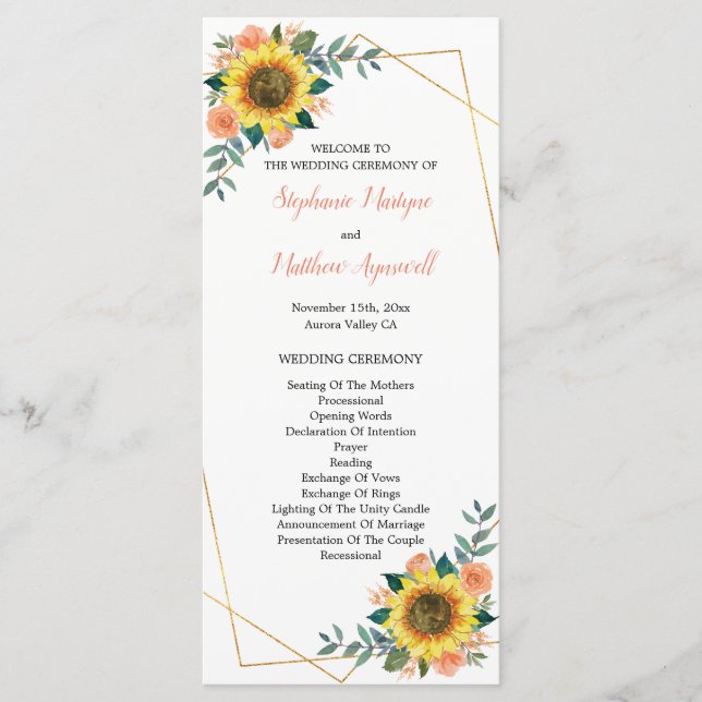 Sunflower Peach Coral Floral Geometric Wedding Program (Front)