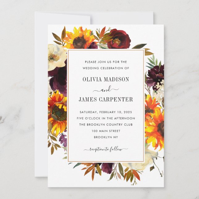 Sunflower Peony Burgundy Red Purple Floral Wedding Invitation (Front)