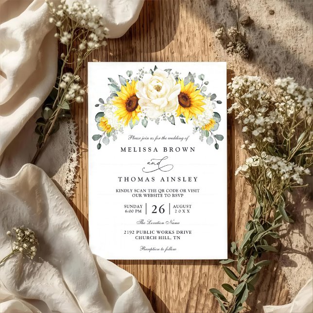 Sunflower Peony Floral Eucalyptus QR Code Wedding Invitation (Creator Uploaded)