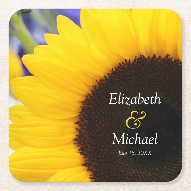 Sunflower Personalised Wedding Square Paper Coaster (Front)