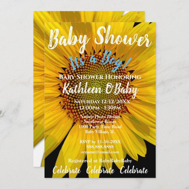 SUNFLOWER PHOTO BABY BOY SHOWER INVITATION (Front/Back)