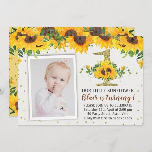 Sunflower Photo First Birthday Invitation Girl (Front/Back)