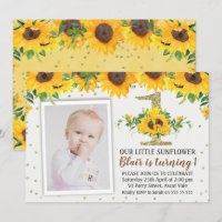 Sunflower Photo First Birthday Invitation Girl