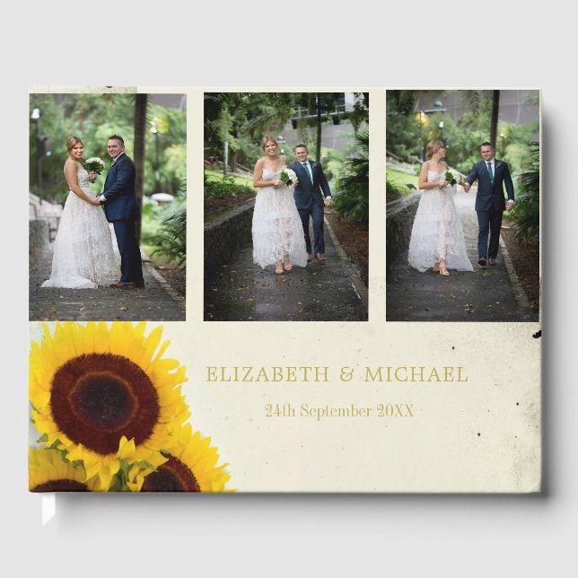 Sunflower Photo Rustic Elegant Wedding Guest Book (Front)