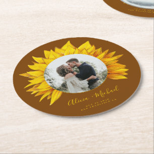 Sunflower photo rustic wedding save the date round paper coaster