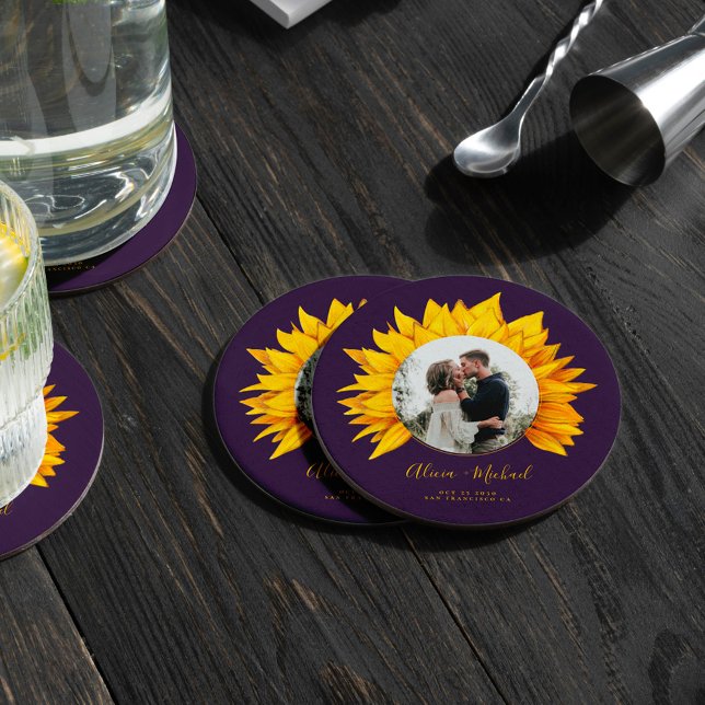 Sunflower photo rustic wedding save the date round paper coaster (Creator Uploaded)