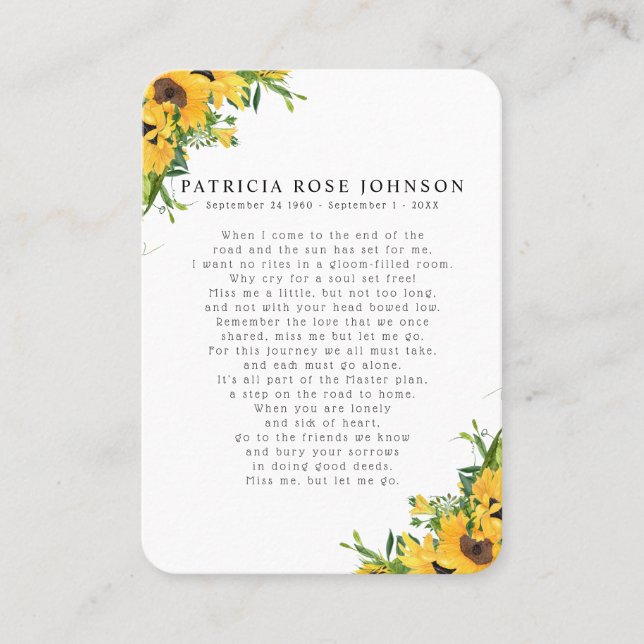 Sunflower Photo Sympathy Funeral Memorial Card (Front)