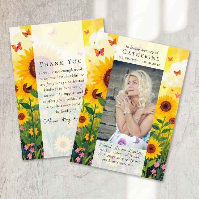Sunflower Photo Sympathy Funeral Memorial Thank You Card (Creator Uploaded)