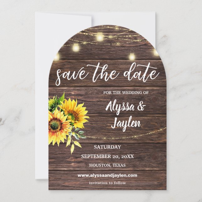 Sunflower Photo & Wood & Lights Save the Date Arc Invitation (Front)