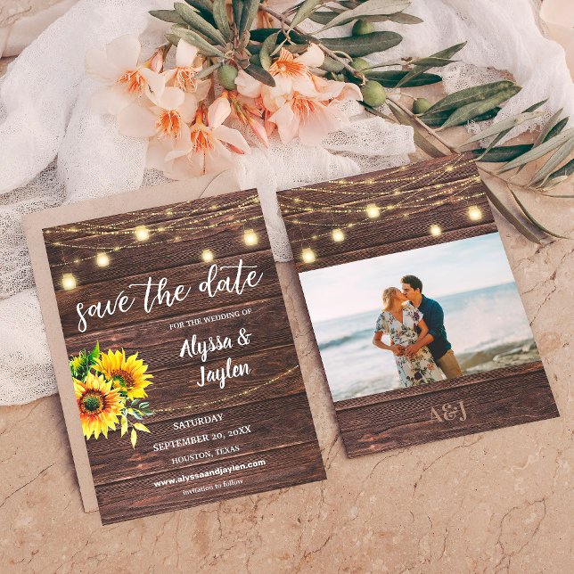 Sunflower Photo & Wood & Lights Save the Date Invitation (Creator Uploaded)