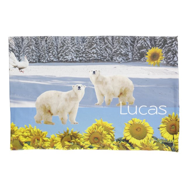 Sunflower Pillow Case, Floral Polar Bear Pillowcase (Front)