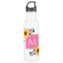 Sunflower Pink Botanical Watercolor Monogrammed