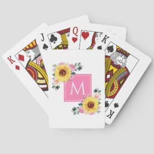 Sunflower Pink Botanical Watercolor Monogrammed Playing Cards