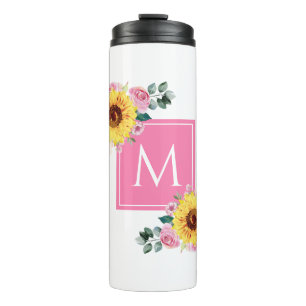 Sunflower Pink Botanical Watercolor Monogrammed Thermal Tumbler