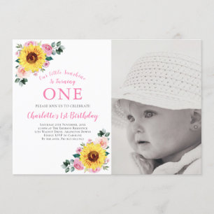 Sunflower Pink Floral 1st Birthday Photo Party Invitation