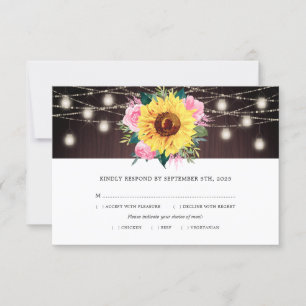 Sunflower Pink Floral Jar Lights Wood Wedding Meal RSVP Card