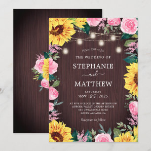 Sunflower Pink Floral Mason Jar Wedding Invitation
