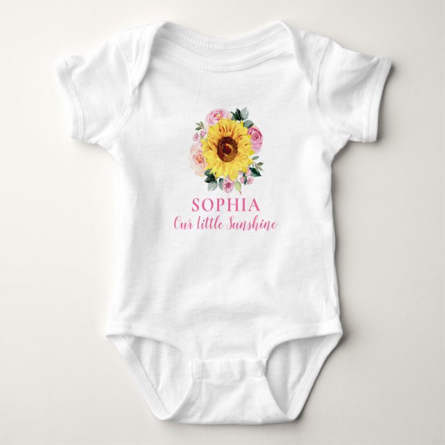 Sunflower Pink Floral Personalised Name Baby Bodysuit (Front)