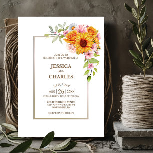 Sunflower Pink Floral Wedding Invitation