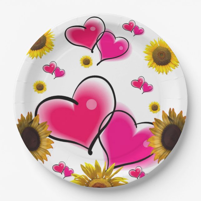 Sunflower Pink Hearts Paper Plates (Front)