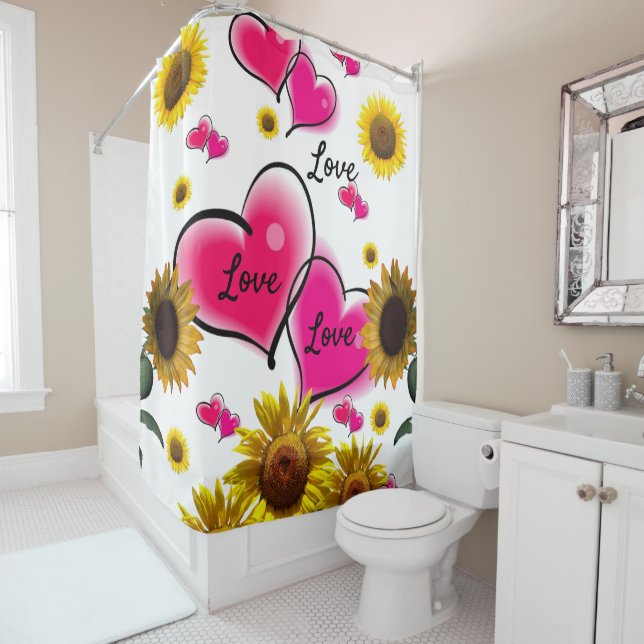 Sunflower Pink Hearts Shower Curtain (In Situ)
