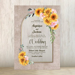 Sunflower Pink Rose Floral Arch Wedding Invitation