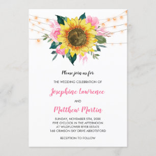 Sunflower Pink Rose Floral Lights Wedding Invitation