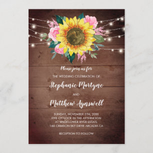 Sunflower Pink Rose Floral Lights Wood Wedding Invitation