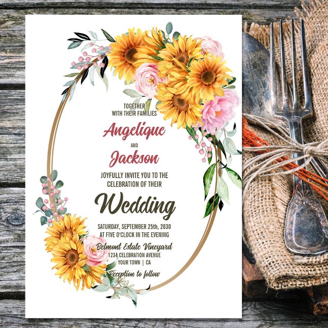 Sunflower Pink Rose Floral Oval Wedding Invitation (Creator Uploaded)